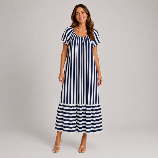 Ladies stripe short sleeve maxi dress with gathered neckline and relaxed fit, full length casual summer dress