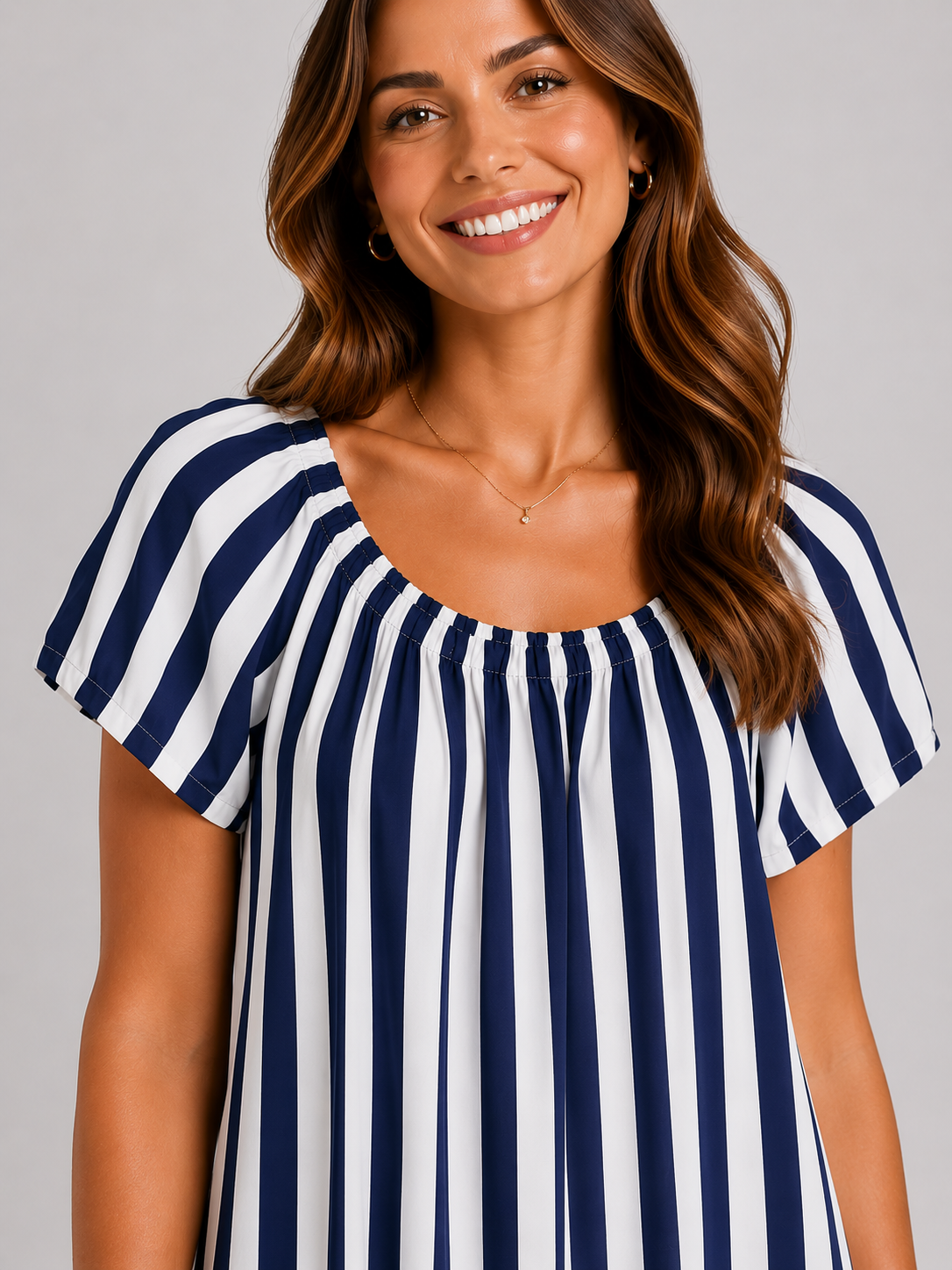 Ladies stripe short sleeve maxi dress with gathered neckline and relaxed fit, full length casual summer dress