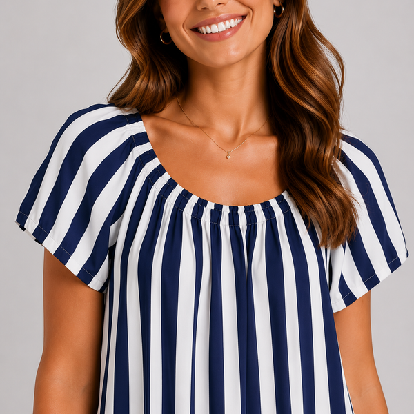 Ladies Navy & White Stripe Short Sleeve Maxi Dress