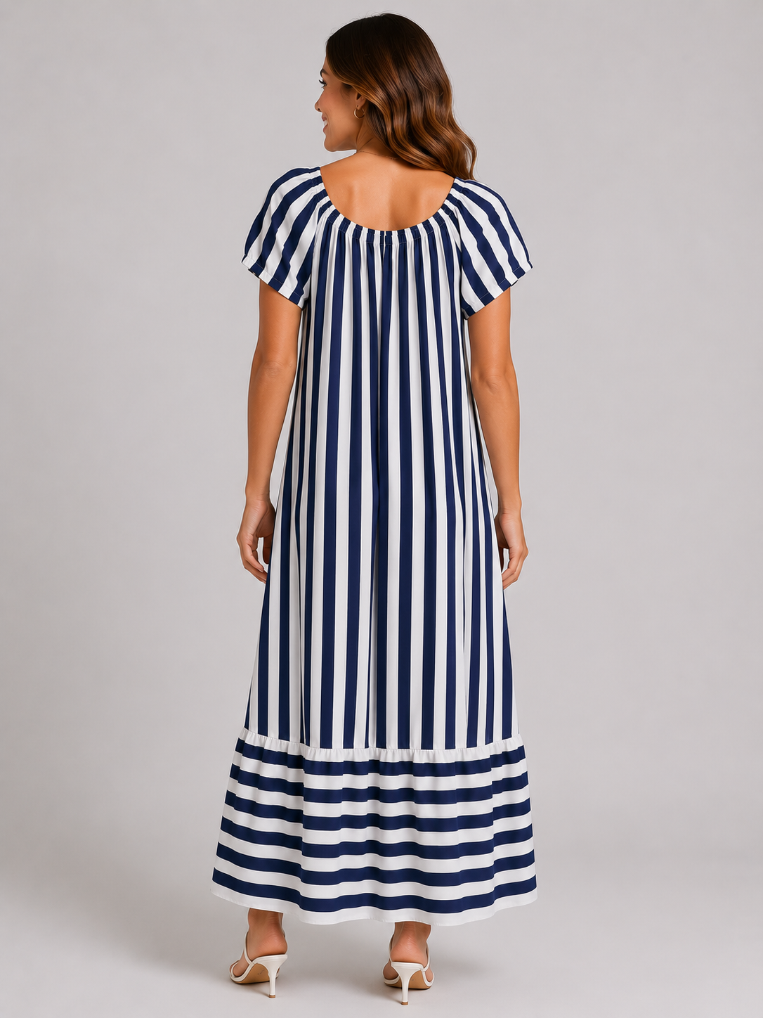 Ladies stripe short sleeve maxi dress with gathered neckline and relaxed fit, full length casual summer dress