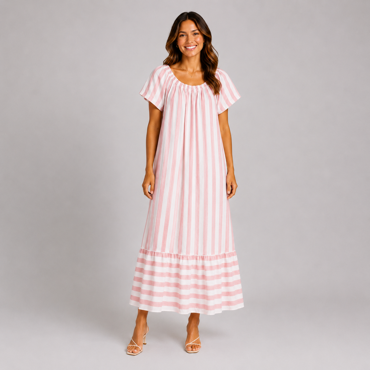 Ladies stripe short sleeve maxi dress with gathered neckline and relaxed fit, full length casual summer dress