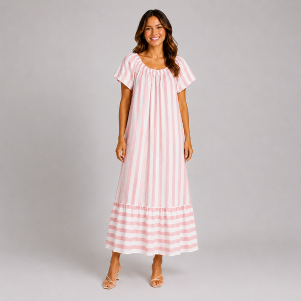 Ladies Pink & White Stripe Short Sleeve Maxi Dress