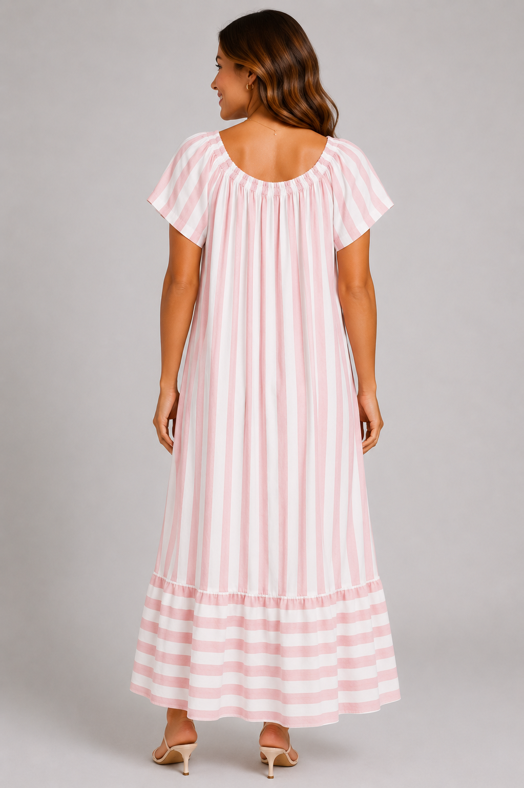 Ladies stripe short sleeve maxi dress with gathered neckline and relaxed fit, full length casual summer dress
