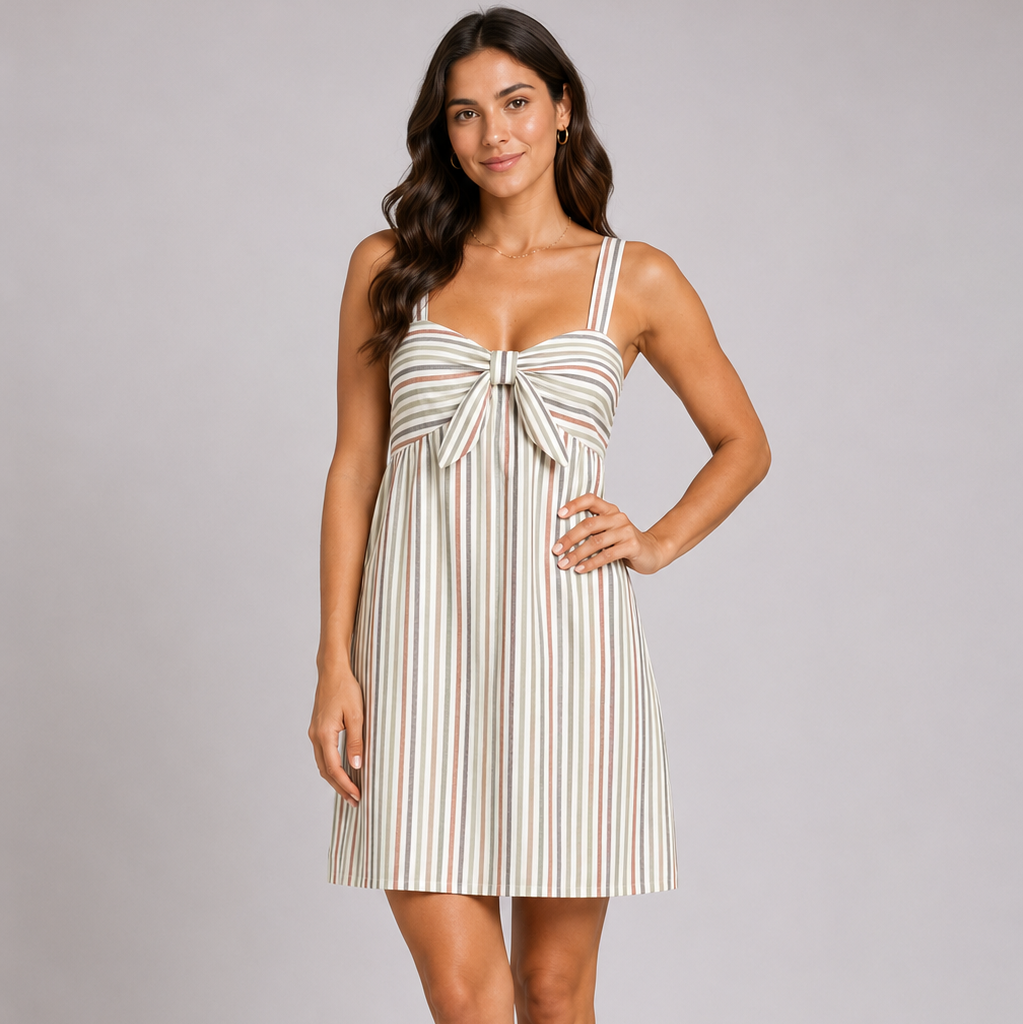 Women's striped sundress with front tie bow and adjustable straps – lightweight summer dress in Beige