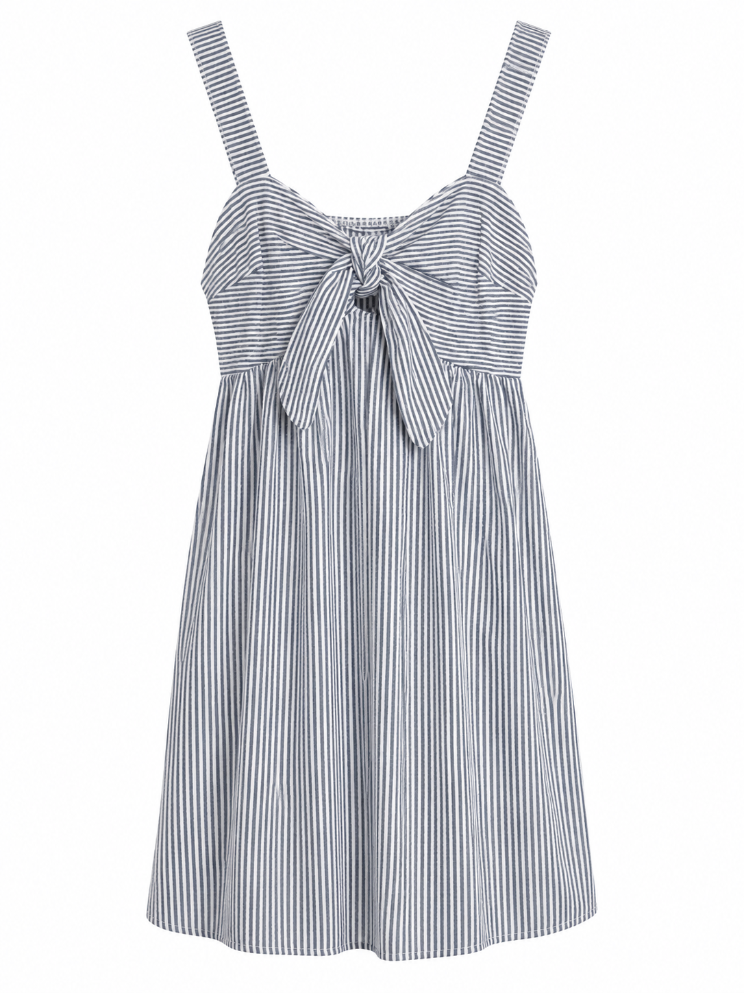 Women's striped sundress with front tie bow and adjustable straps – lightweight summer dress in slate and White