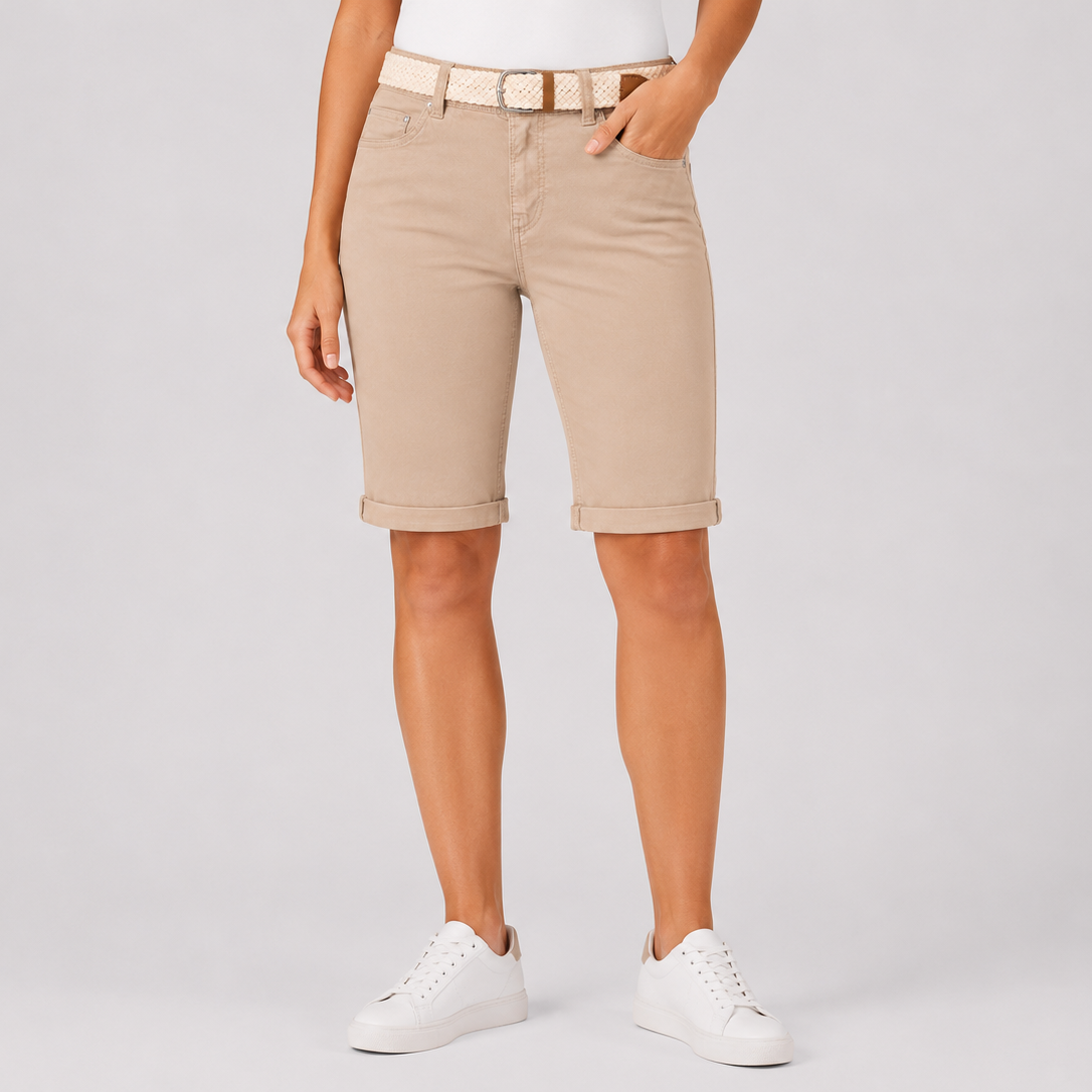 Ladies Beige Stretch Cotton Chino Shorts with Turn Up Hem and Woven Belt