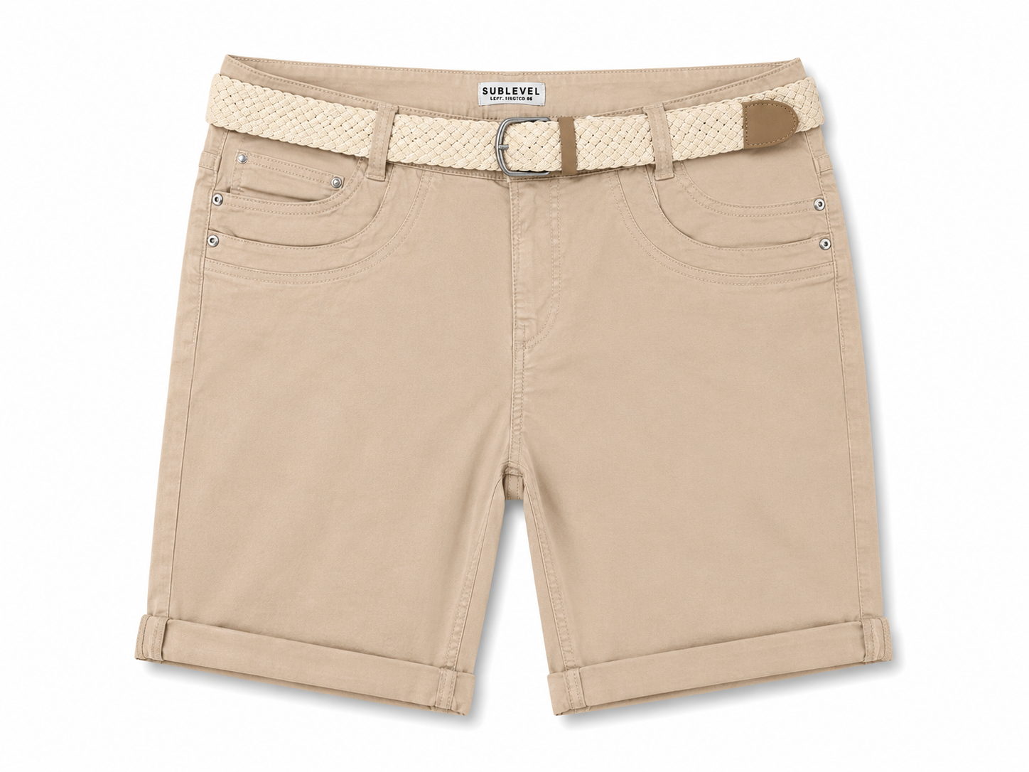 Ladies Beige Stretch Cotton Chino Shorts with Turn Up Hem and Woven Belt