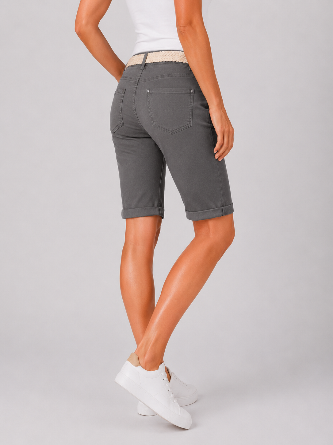 Ladies Dark grey Stretch Cotton Chino Shorts with Turn Up Hem and Woven Belt