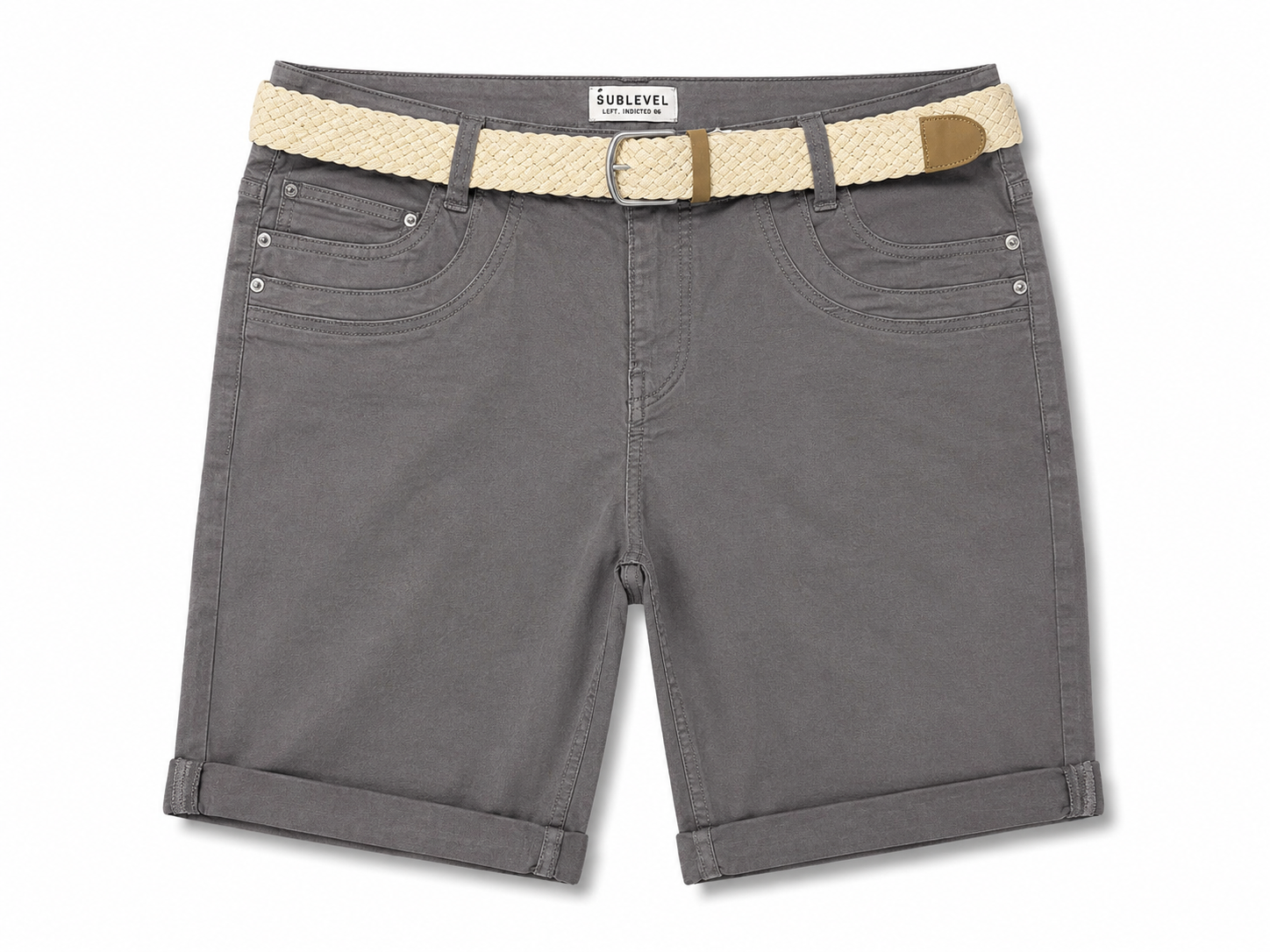 Ladies Dark grey Stretch Cotton Chino Shorts with Turn Up Hem and Woven Belt
