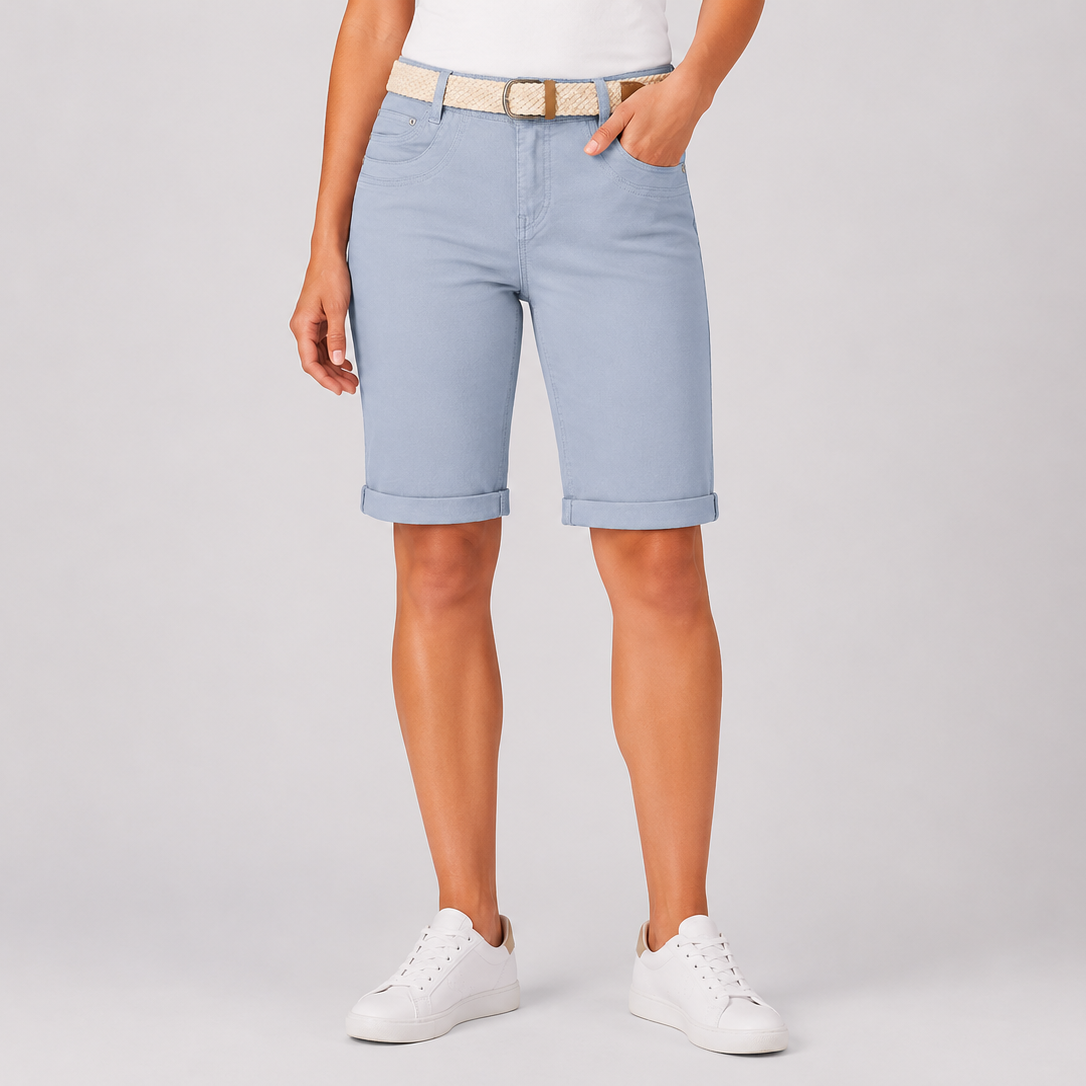 Ladies middle blue Stretch Cotton Chino Shorts with Turn Up Hem and Woven Belt