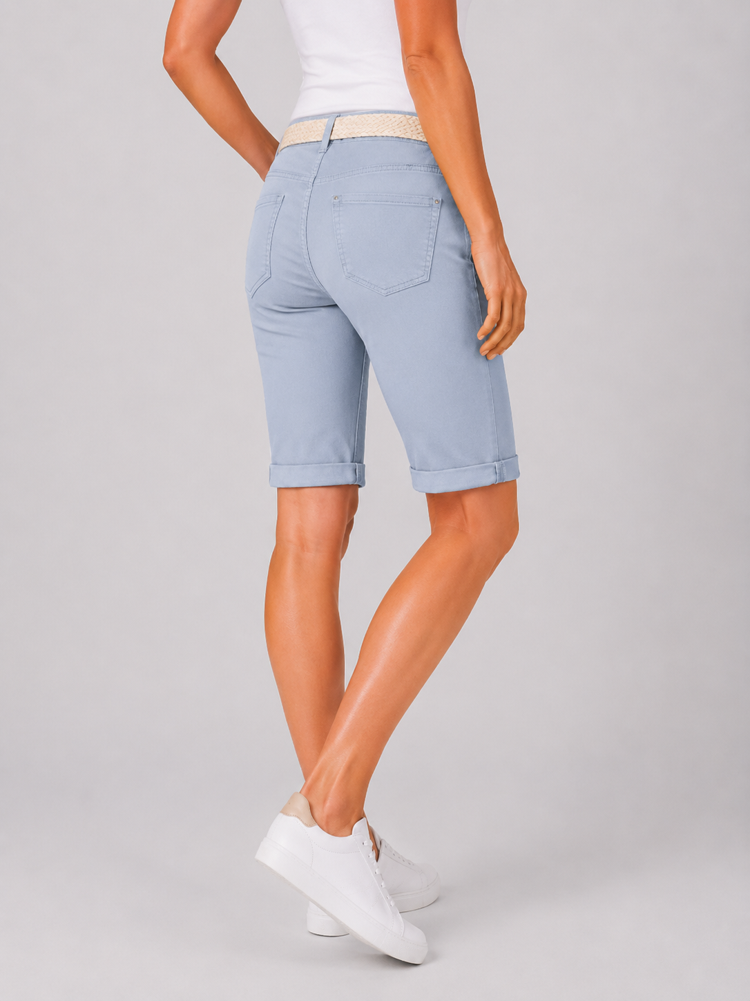 Ladies middle blue Stretch Cotton Chino Shorts with Turn Up Hem and Woven Belt
