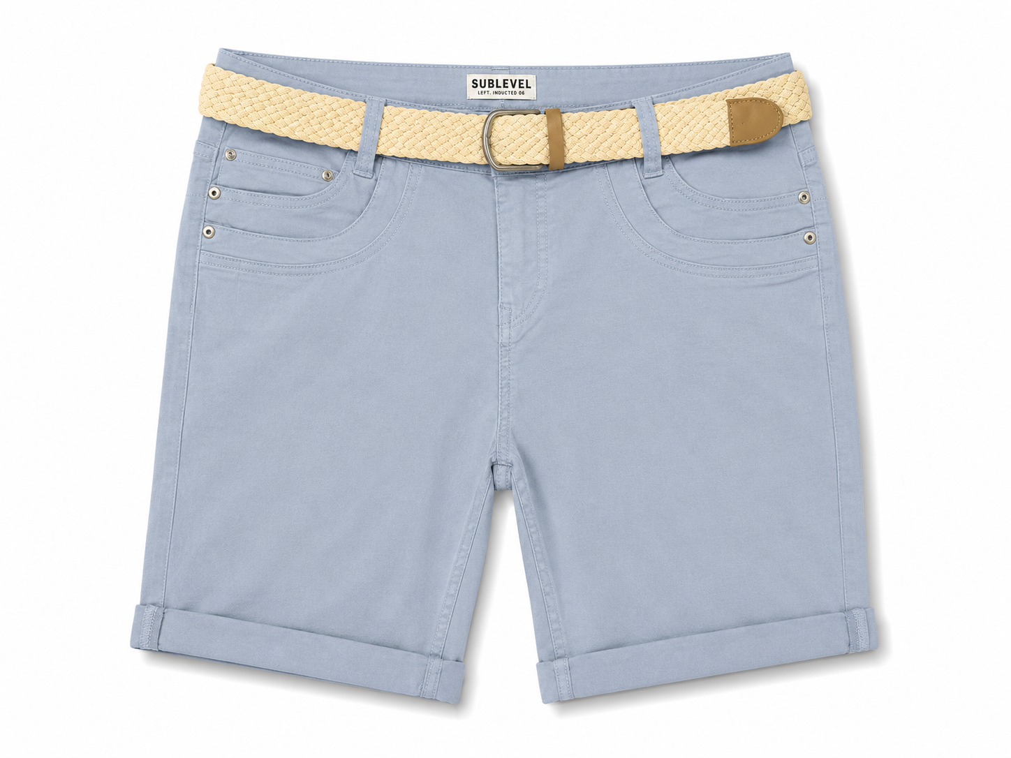 Ladies middle blue Stretch Cotton Chino Shorts with Turn Up Hem and Woven Belt