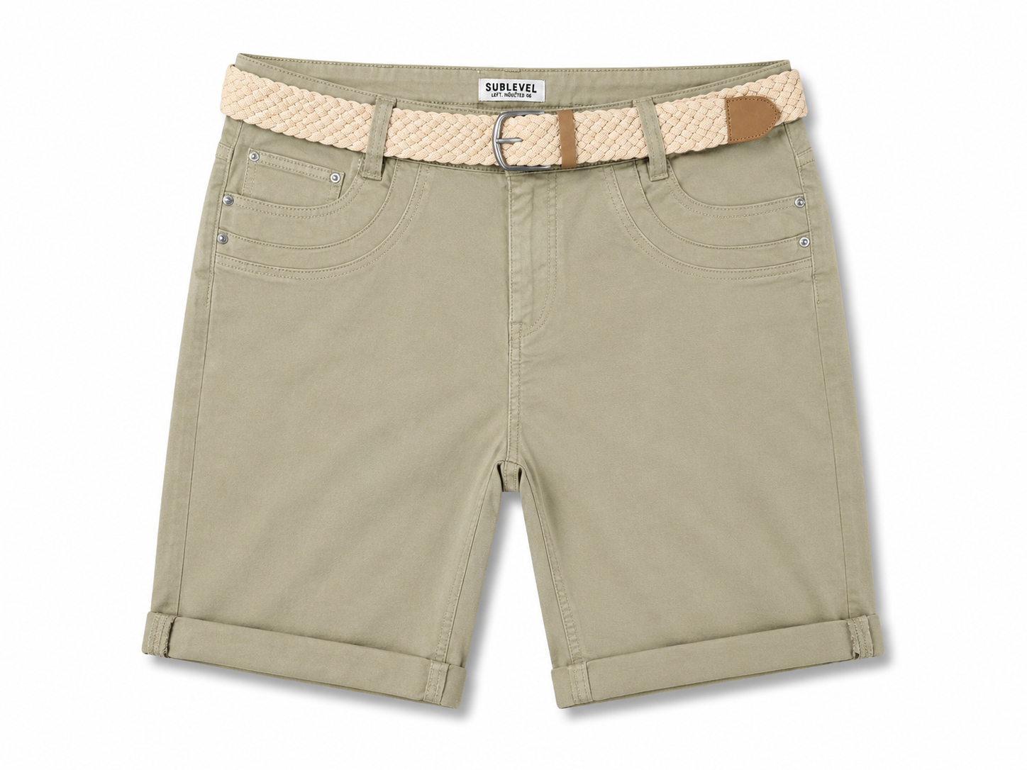 Ladies middle green Stretch Cotton Chino Shorts with Turn Up Hem and Woven Belt