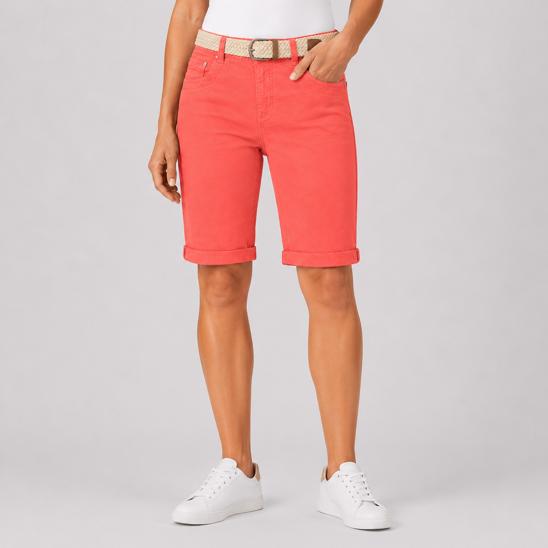 Ladies middle orange Stretch Cotton Chino Shorts with Turn Up Hem and Woven Belt