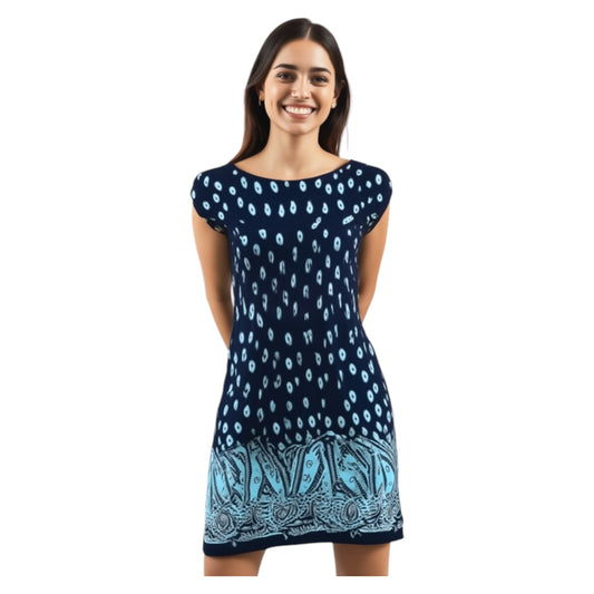 Navy blue summer dress with light blue teardrop print and paisley hem – lightweight casual women's beach dress