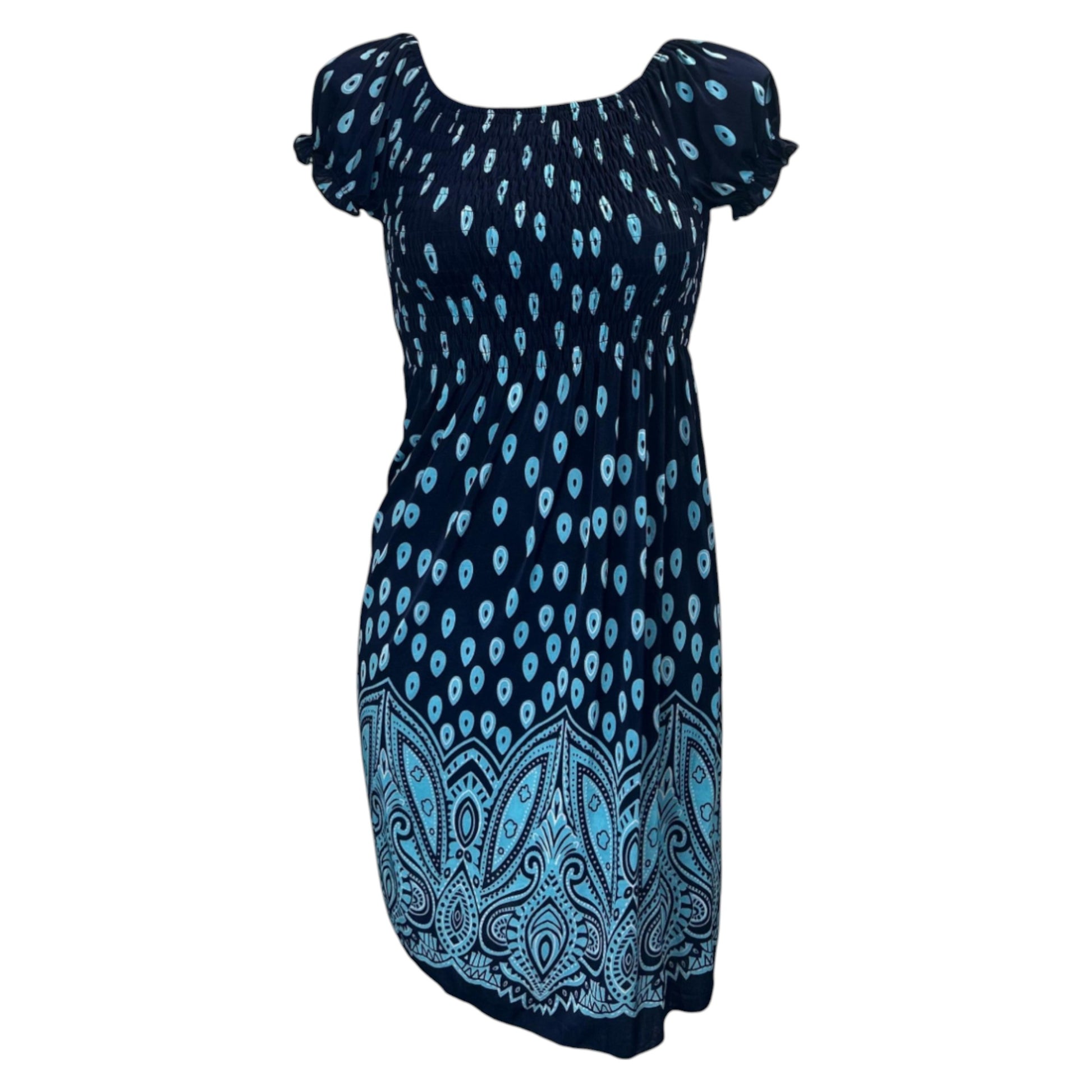 Navy blue summer dress with light blue teardrop print and paisley hem – lightweight casual women's beach dress