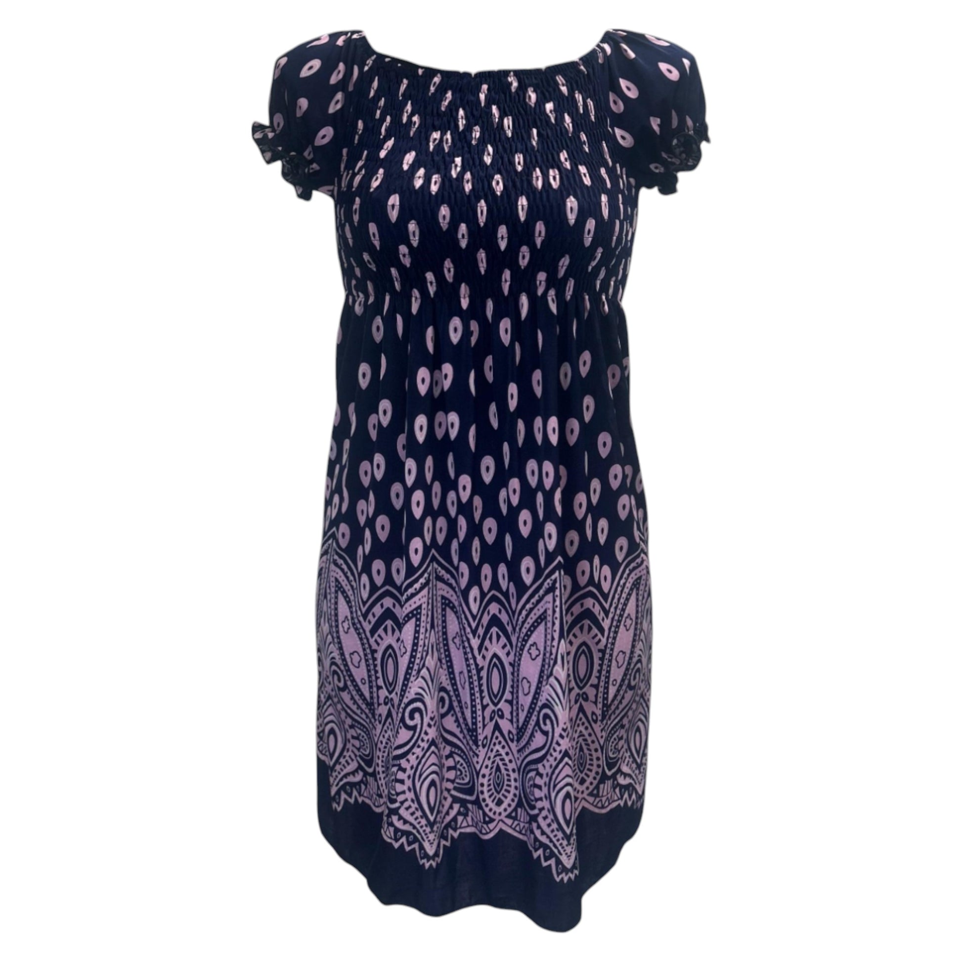 Navy pink summer dress with teardrop print and paisley hem – lightweight casual women's beach dress