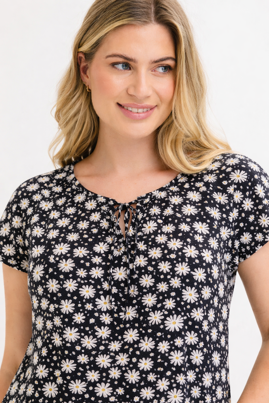 Womens black daisy floral lace up neckline cap sleeve top