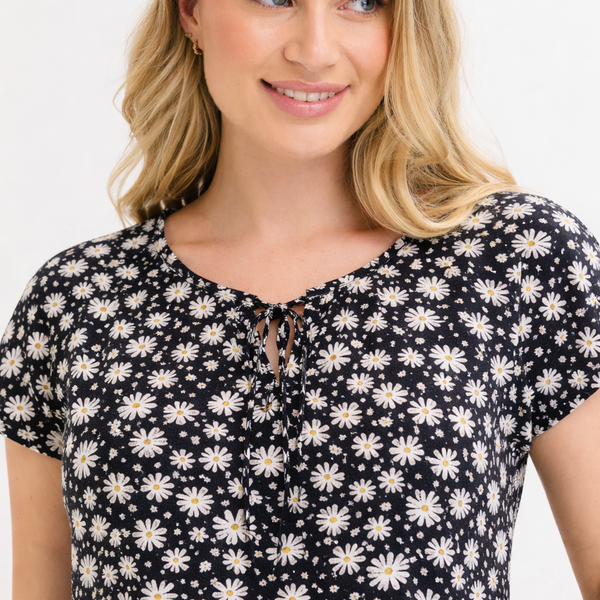 Ladies Black Daisy Floral Lace Up Cap Sleeve Top