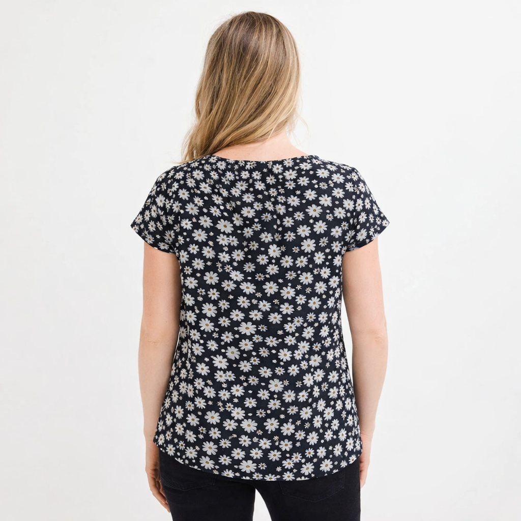 Womens black daisy floral lace up neckline cap sleeve top