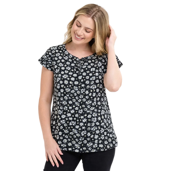 Ladies Black Daisy Floral Lace Up Cap Sleeve Top