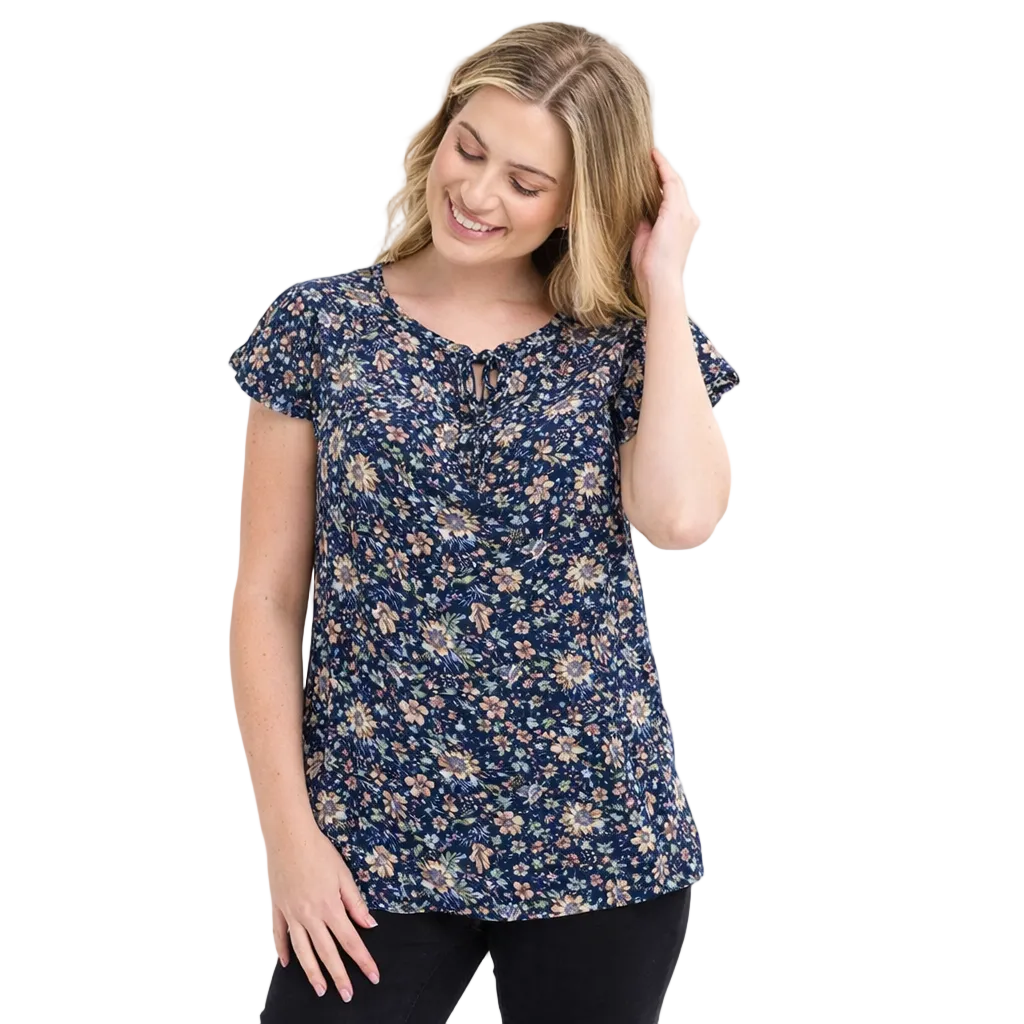Womens navy floral lace up neckline cap sleeve top