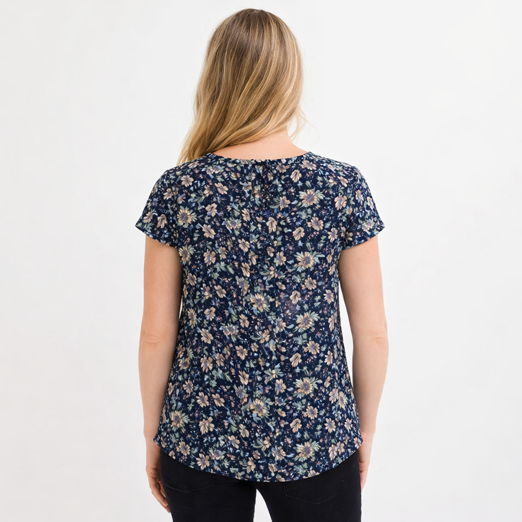 Womens navy floral lace up neckline cap sleeve top