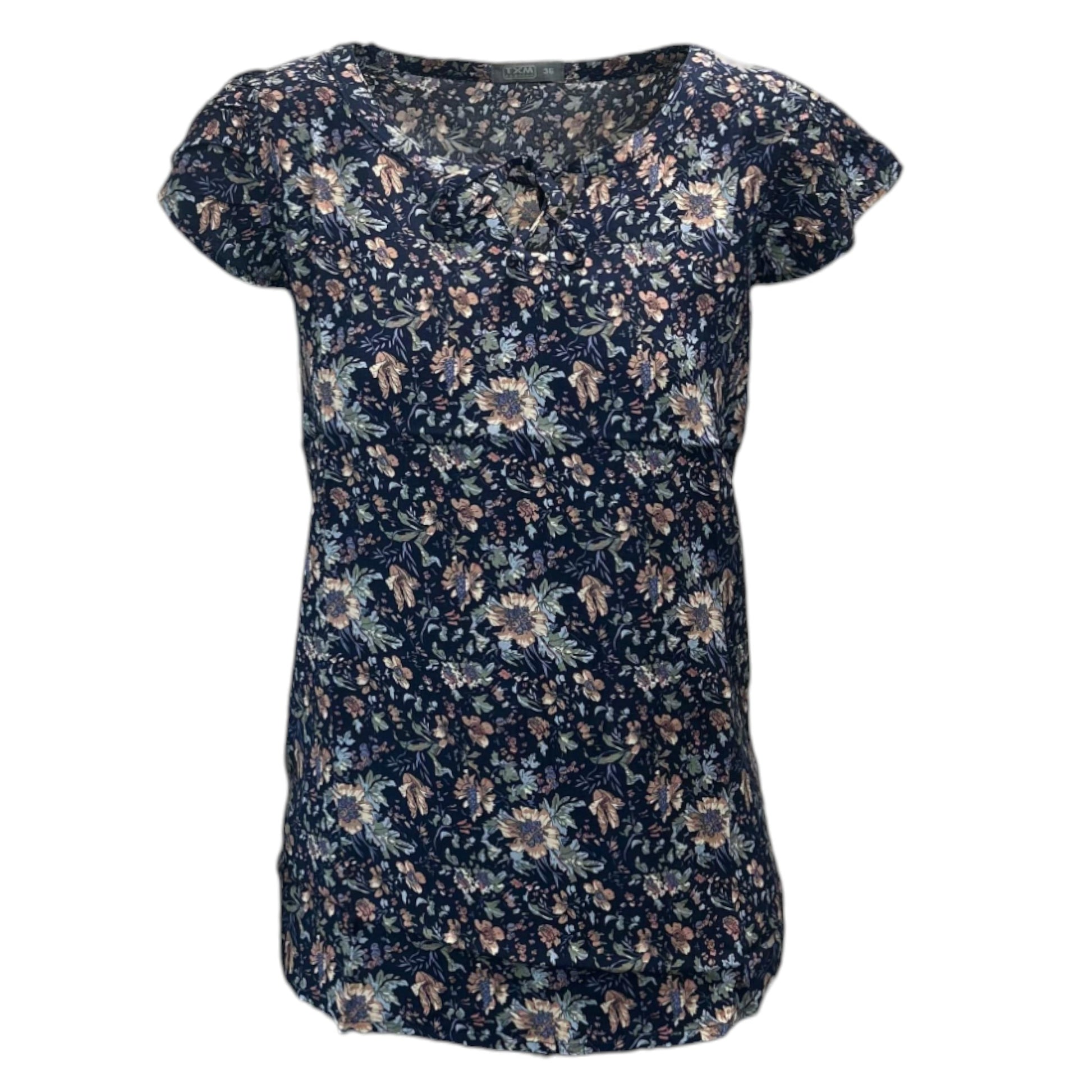 Women's navy blue floral print top with keyhole neckline and cap sleeves – lightweight summer top
