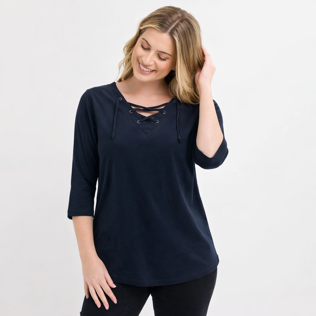 Ladies Olive Green and navy 100% cotton lace-up V-neck top with 3/4 sleeves – breathable casual blouse with eyelet detail