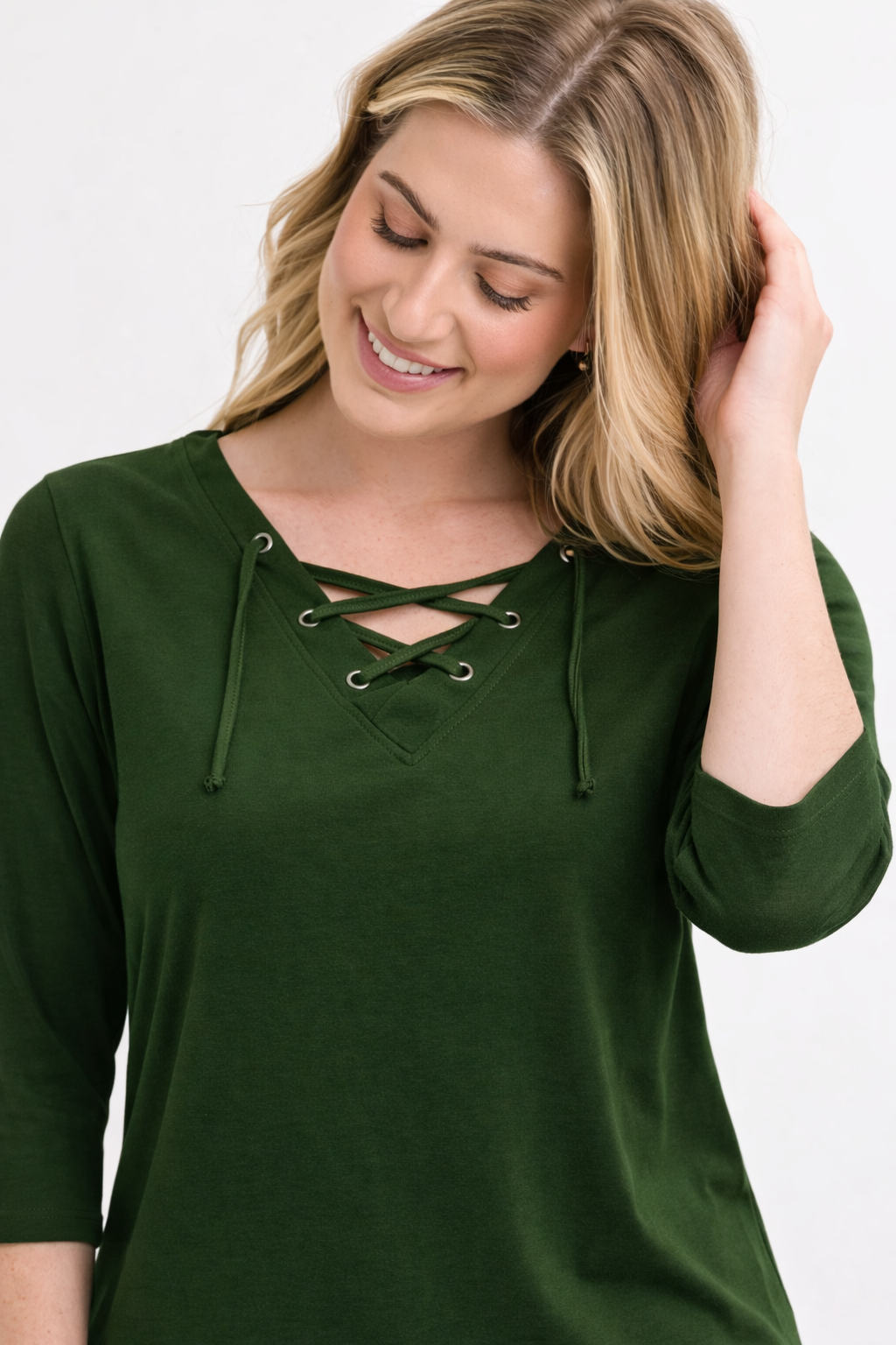 Ladies Olive Green and navy 100% cotton lace-up V-neck top with 3/4 sleeves – breathable casual blouse with eyelet detail
