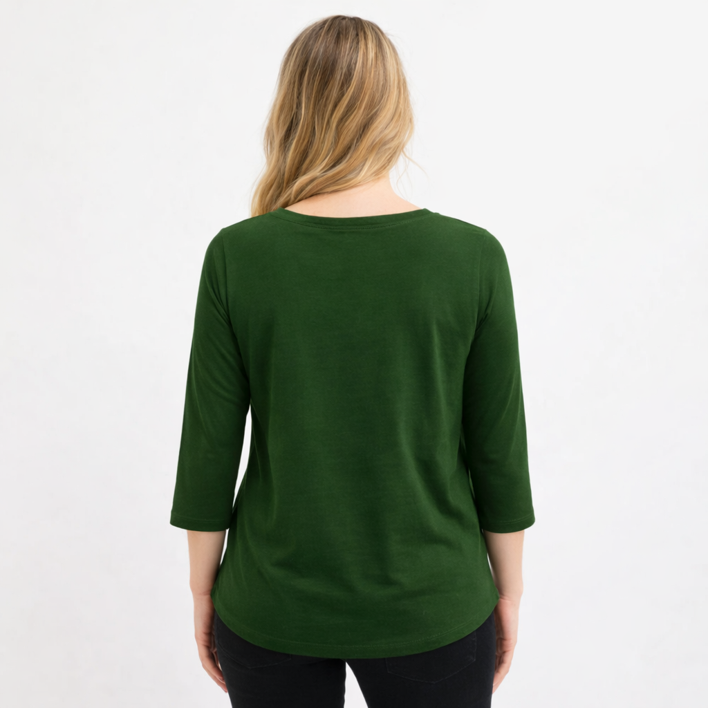 Ladies Olive Green and navy 100% cotton lace-up V-neck top with 3/4 sleeves – breathable casual blouse with eyelet detail
