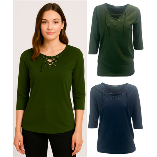 Ladies Olive Green and navy 100% cotton lace-up V-neck top with 3/4 sleeves – breathable casual blouse with eyelet detail