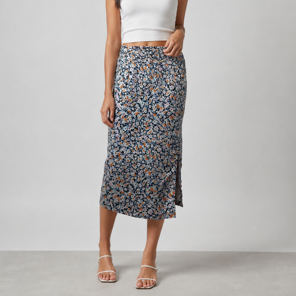 Ladies Floral Print Midi Skirt With Side Split