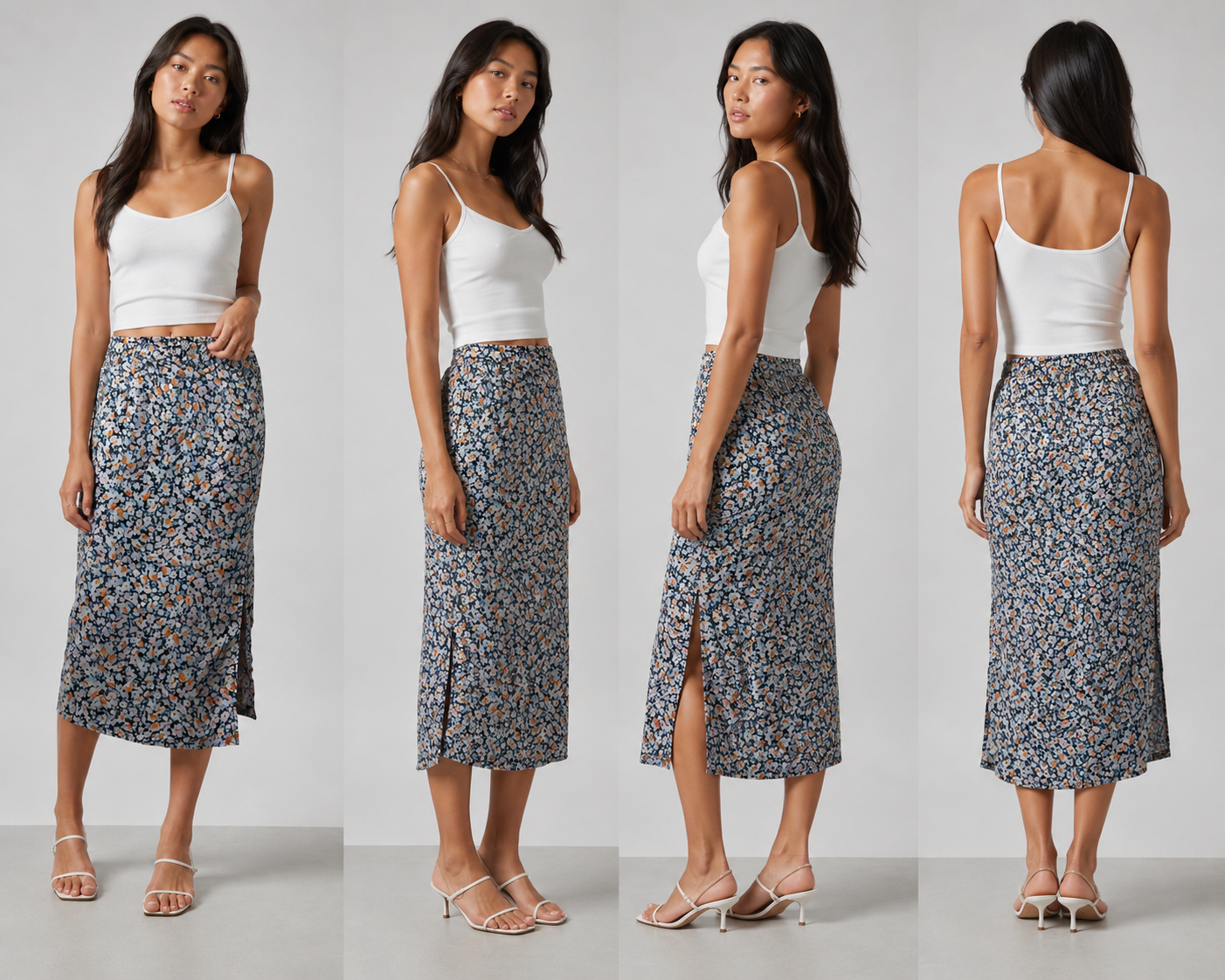 Women's midi pencil skirt with floral print – stretchy waist, side slit, and a fitted silhouette, perfect for spring and summer styling