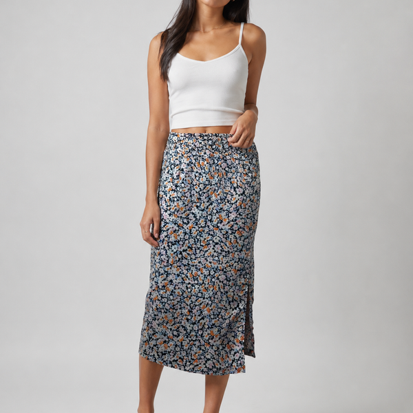 Ladies Floral Print Midi Skirt With Side Split