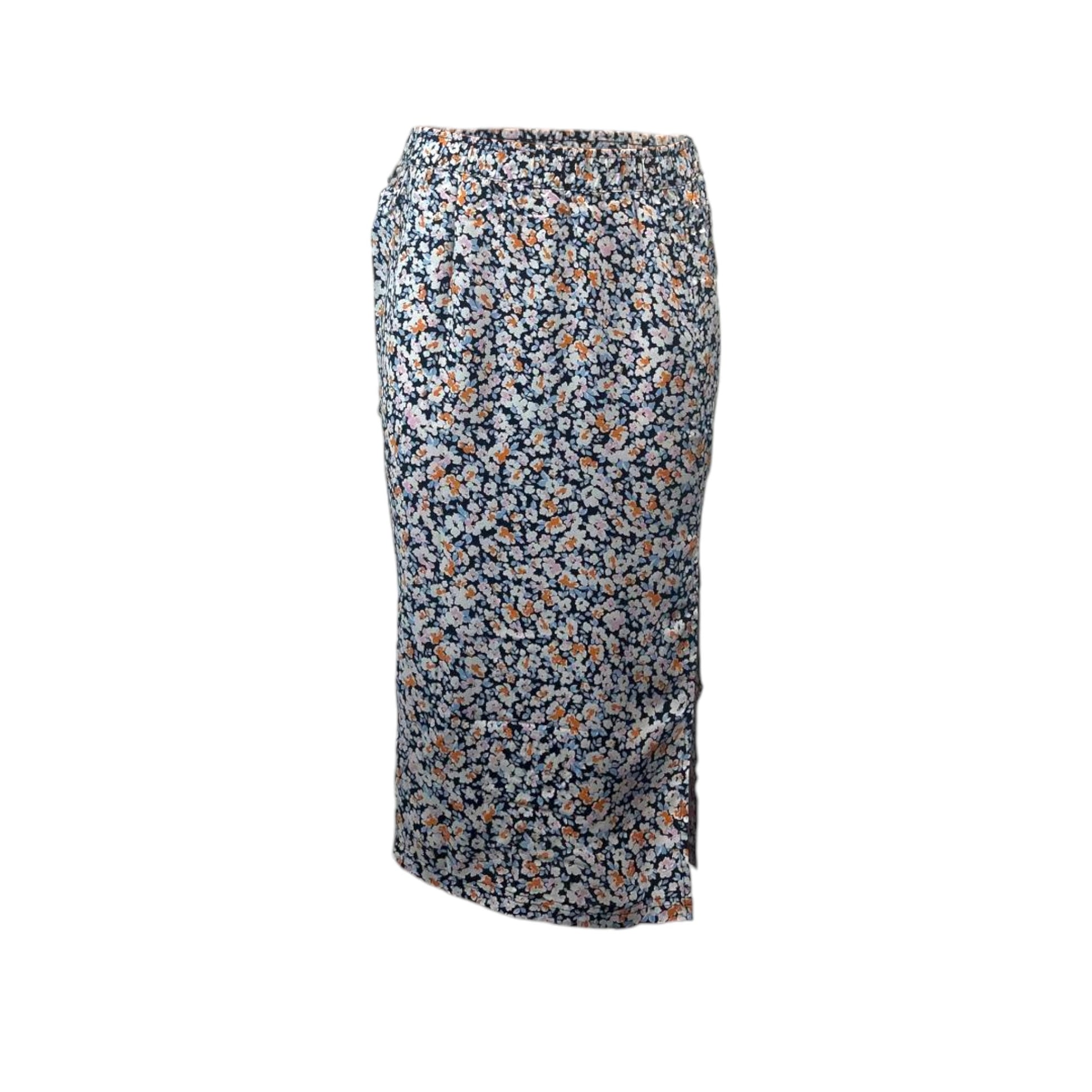 Women's midi pencil skirt with floral print – stretchy waist, side slit, and a fitted silhouette, perfect for spring and summer styling