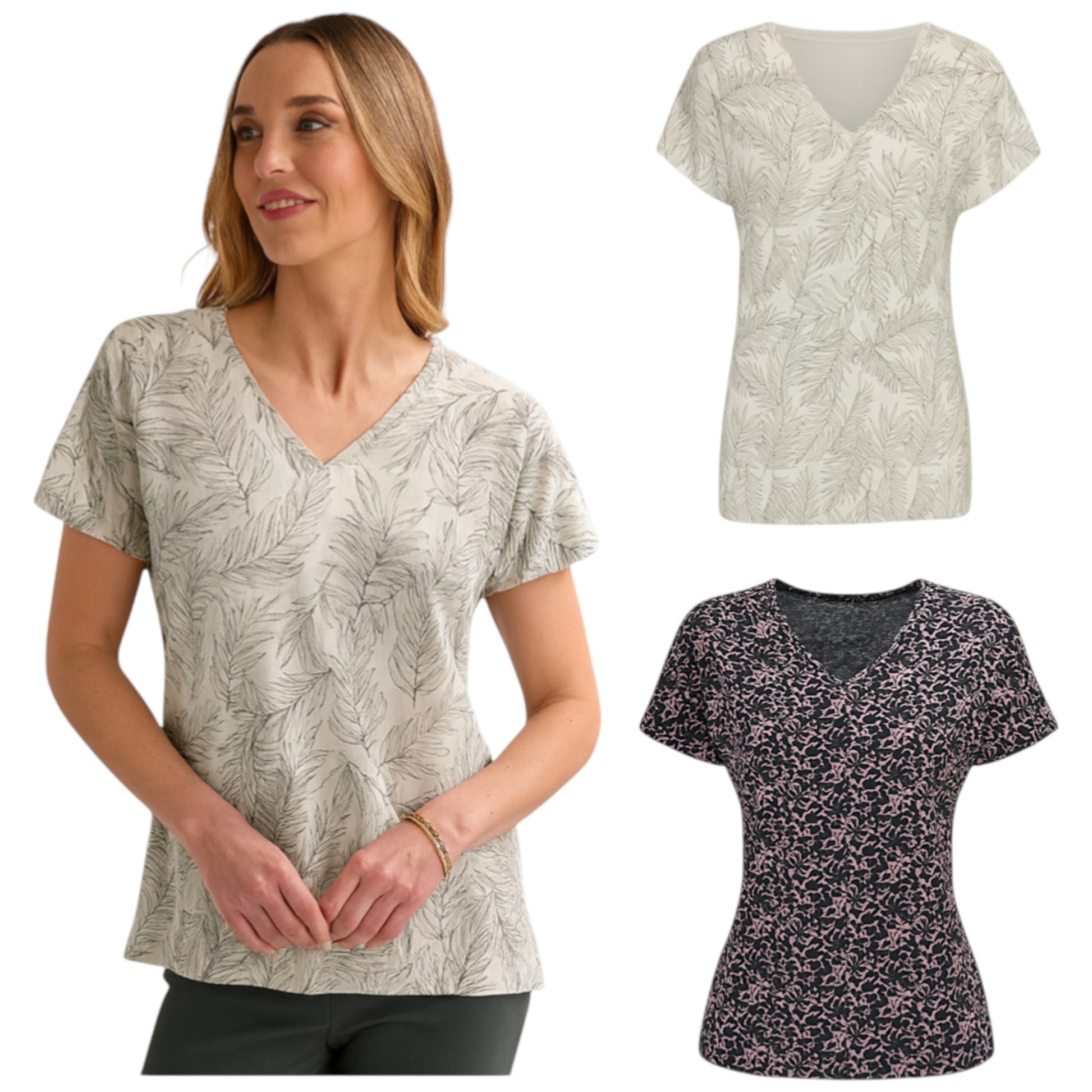 Women's short sleeve V-neck T-shirts in leaf and floral prints
