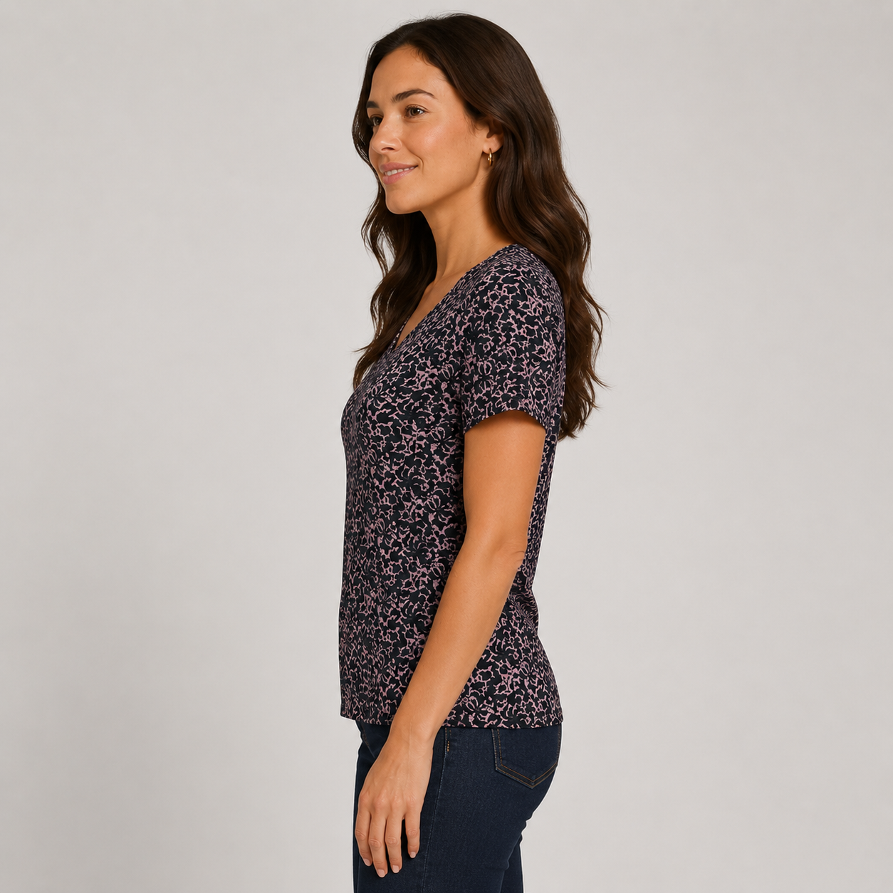 Women's black V-neck T-shirt with all over pink floral print – casual short sleeve stretch top