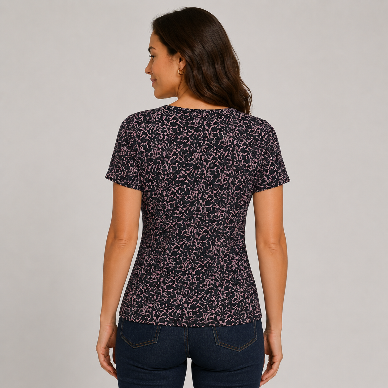 Women's black V-neck T-shirt with all over pink floral print – casual short sleeve stretch top