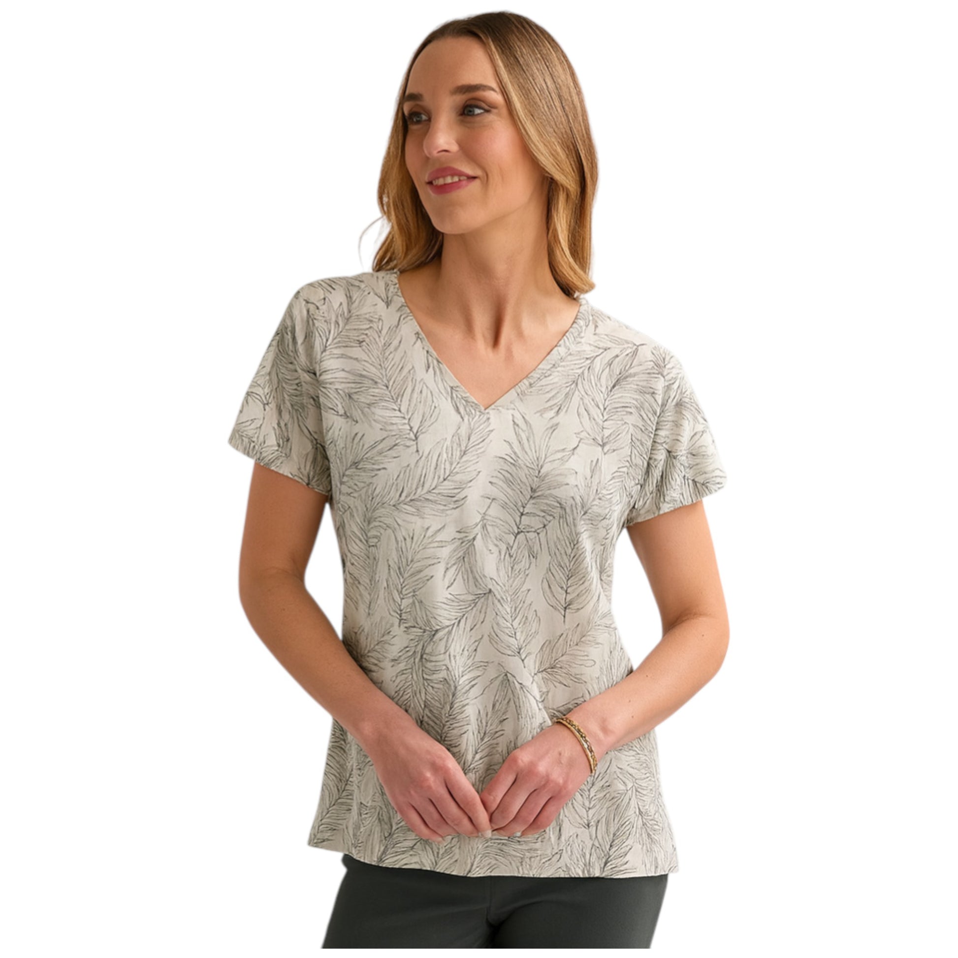 Women's V-neck short sleeve top with green feather print – casual lightweight summer blouse