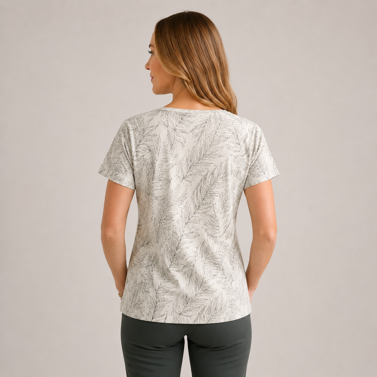 Women's V-neck short sleeve top with green feather print – casual lightweight summer blouse