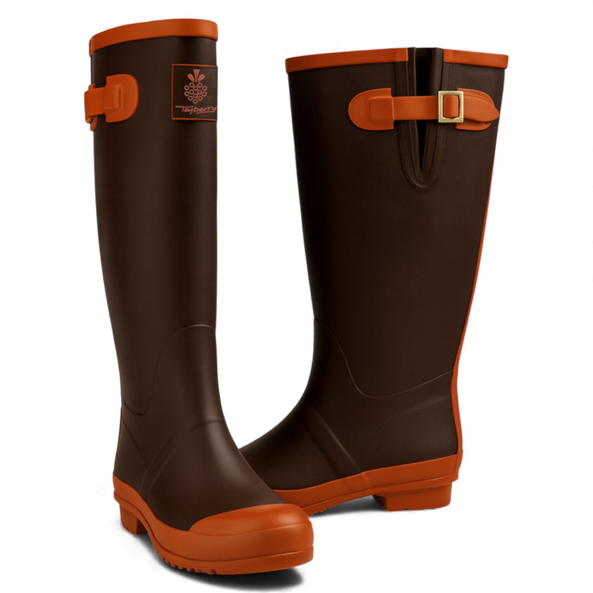 Ladies Tayberry brown and orange waterproof Wellington boots with adjustable side buckle and rubber sole