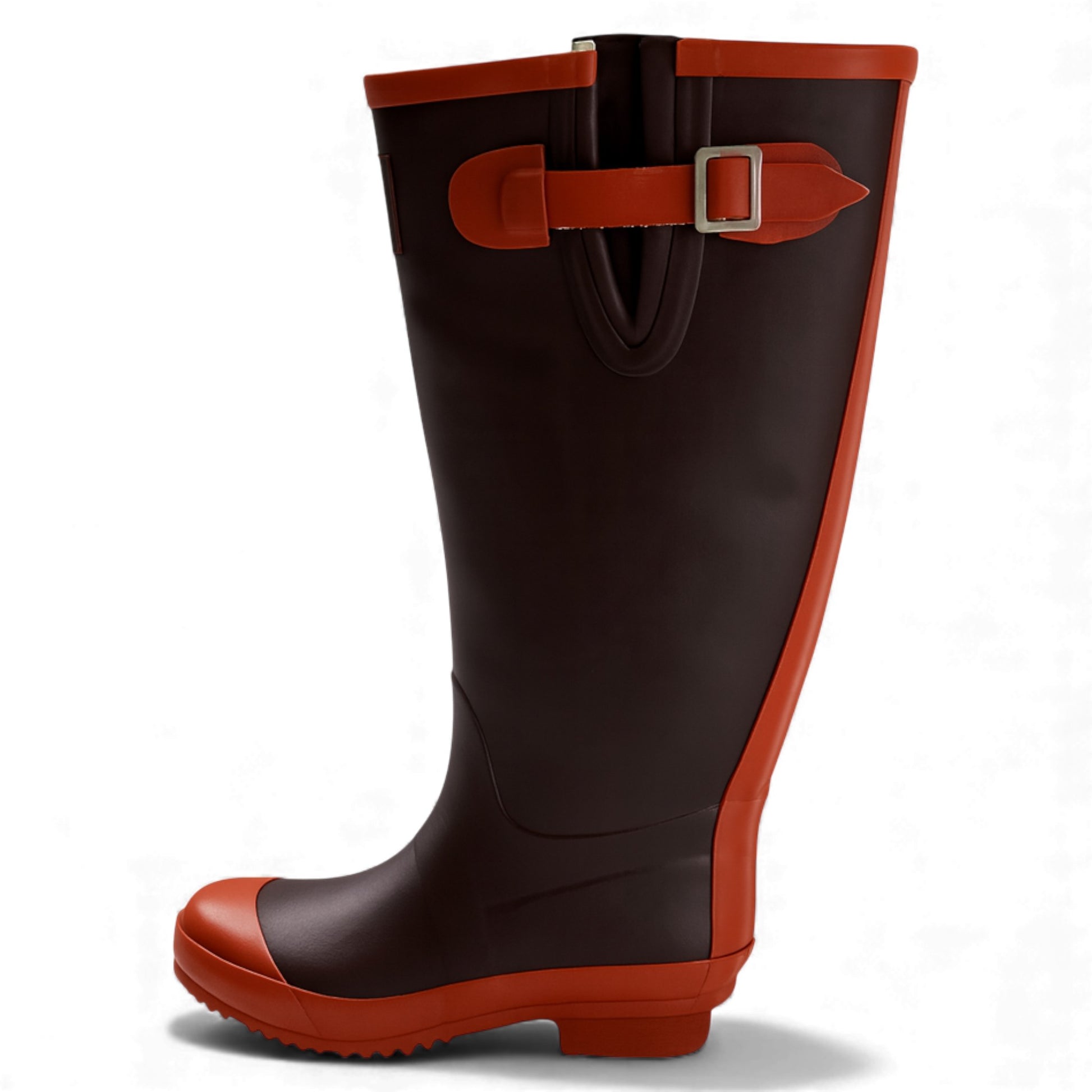 Ladies Tayberry brown and orange waterproof Wellington boots with adjustable side buckle and rubber sole