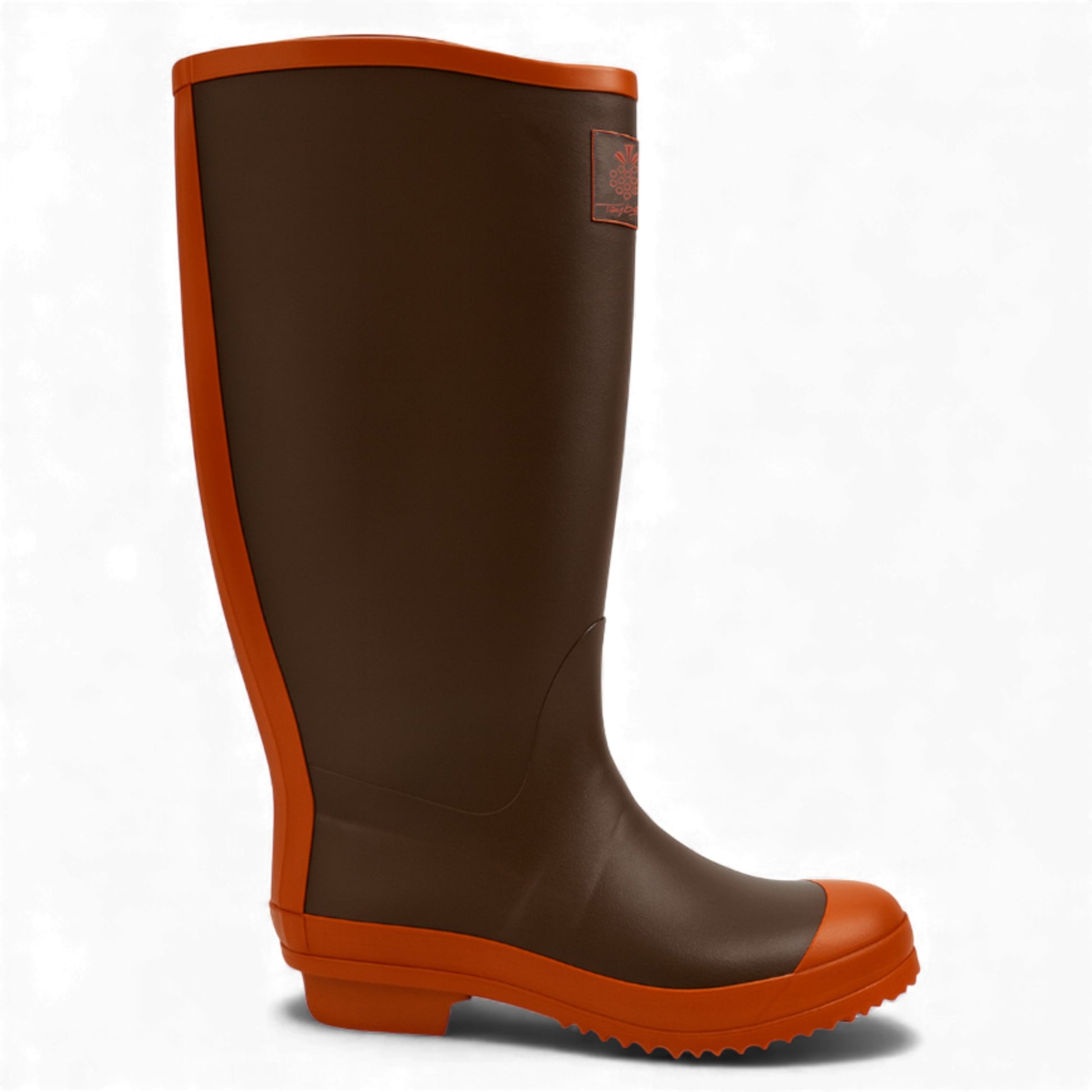 Ladies Tayberry brown and orange waterproof Wellington boots with adjustable side buckle and rubber sole