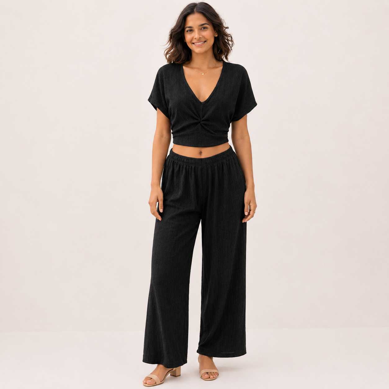 Womens Textured Co Ord Set Wide Leg Lounge Set Summer Holiday Outfit