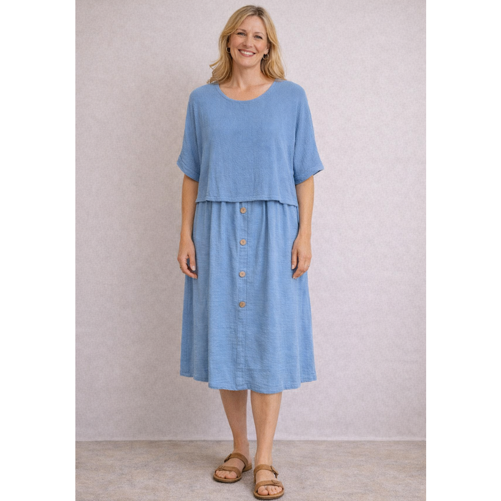 Denim Blue textured short sleeve midi dress with layered top and button-front skirt