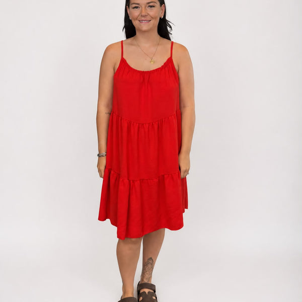 Ladies Tiered Sleeveless Dress (Red)