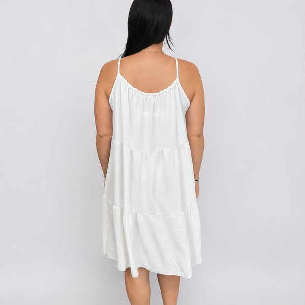 Ladies Tiered Sleeveless Dress (White)