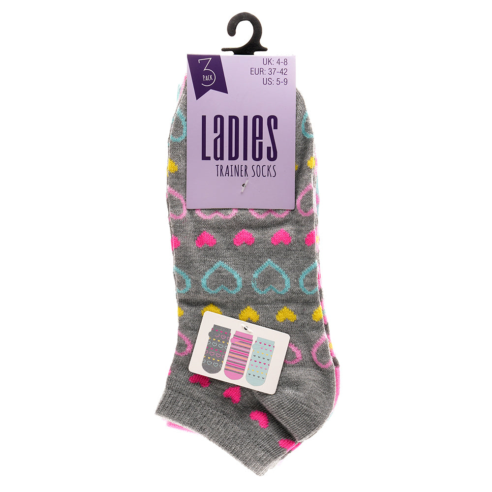 Ladies heart and stripe trainer socks 3 pack low cut ankle socks