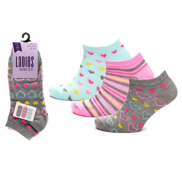 Ladies Heart & Stripe Trainer Socks – 3 Pack